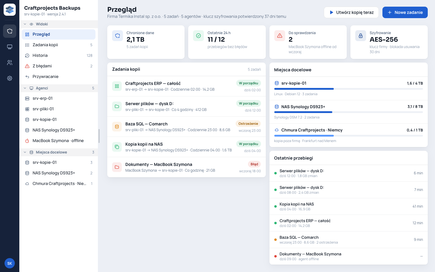 Okno Craftprojects Backups — przegląd kopii