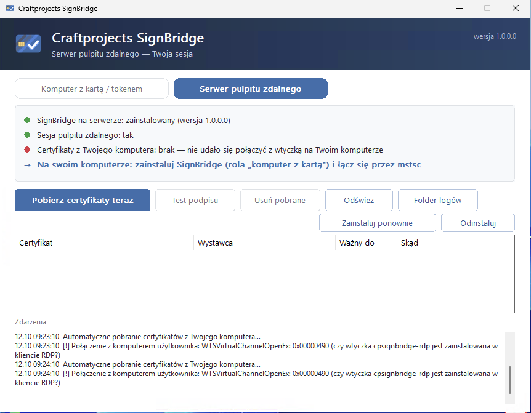 Craftprojects SignBridge — serwer pulpitu zdalnego
